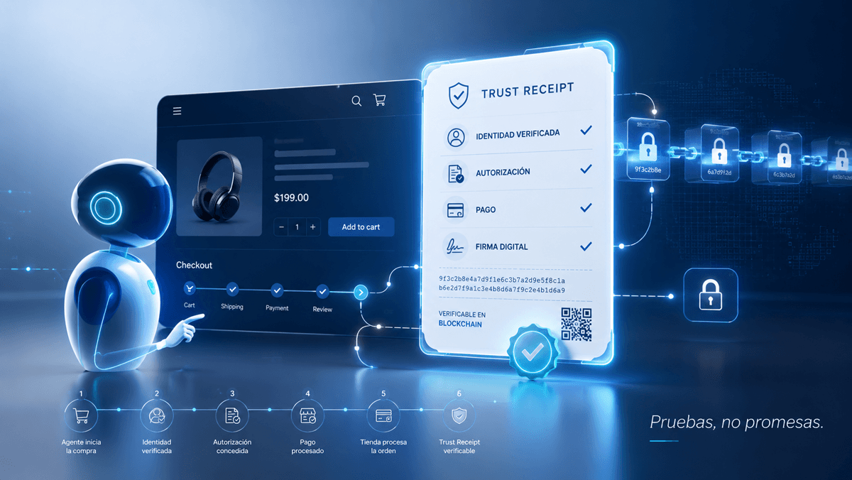 AI agent and merchant checkout flow with a trust receipt verification panel