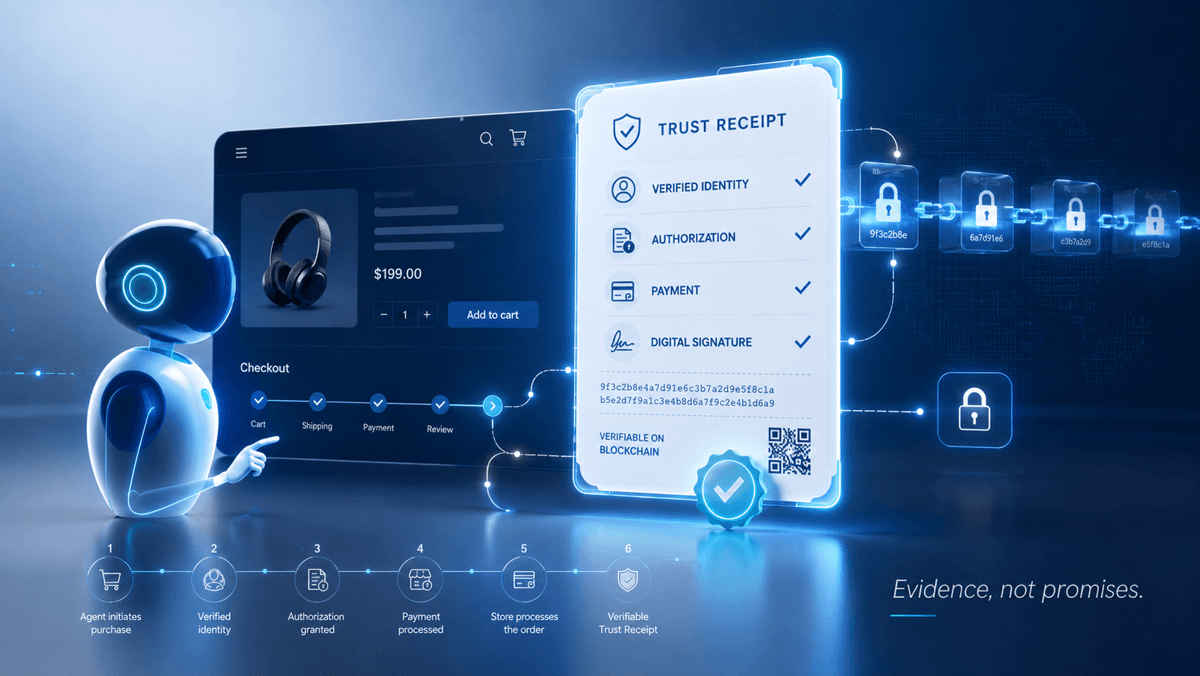 Agente de IA y flujo de checkout con un panel de verificación de Trust Receipt