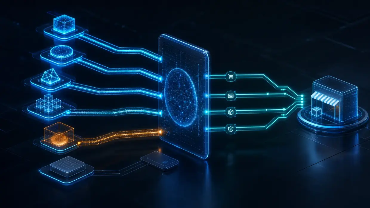 Several protocol channels with different levels of connection cross an interoperability layer and end in normalised tools for a single merchant.